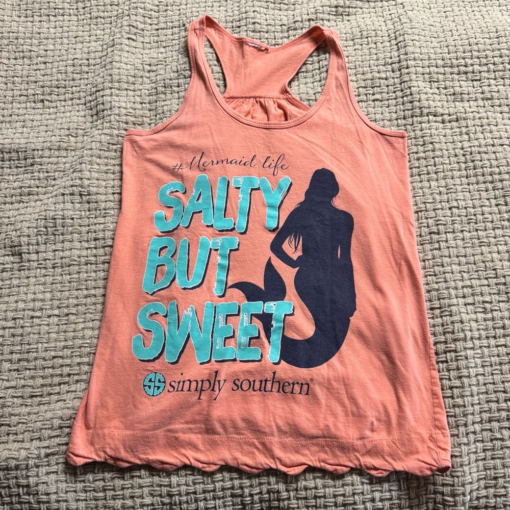 Simply Southern Peach Tank with Teal Print Size Small